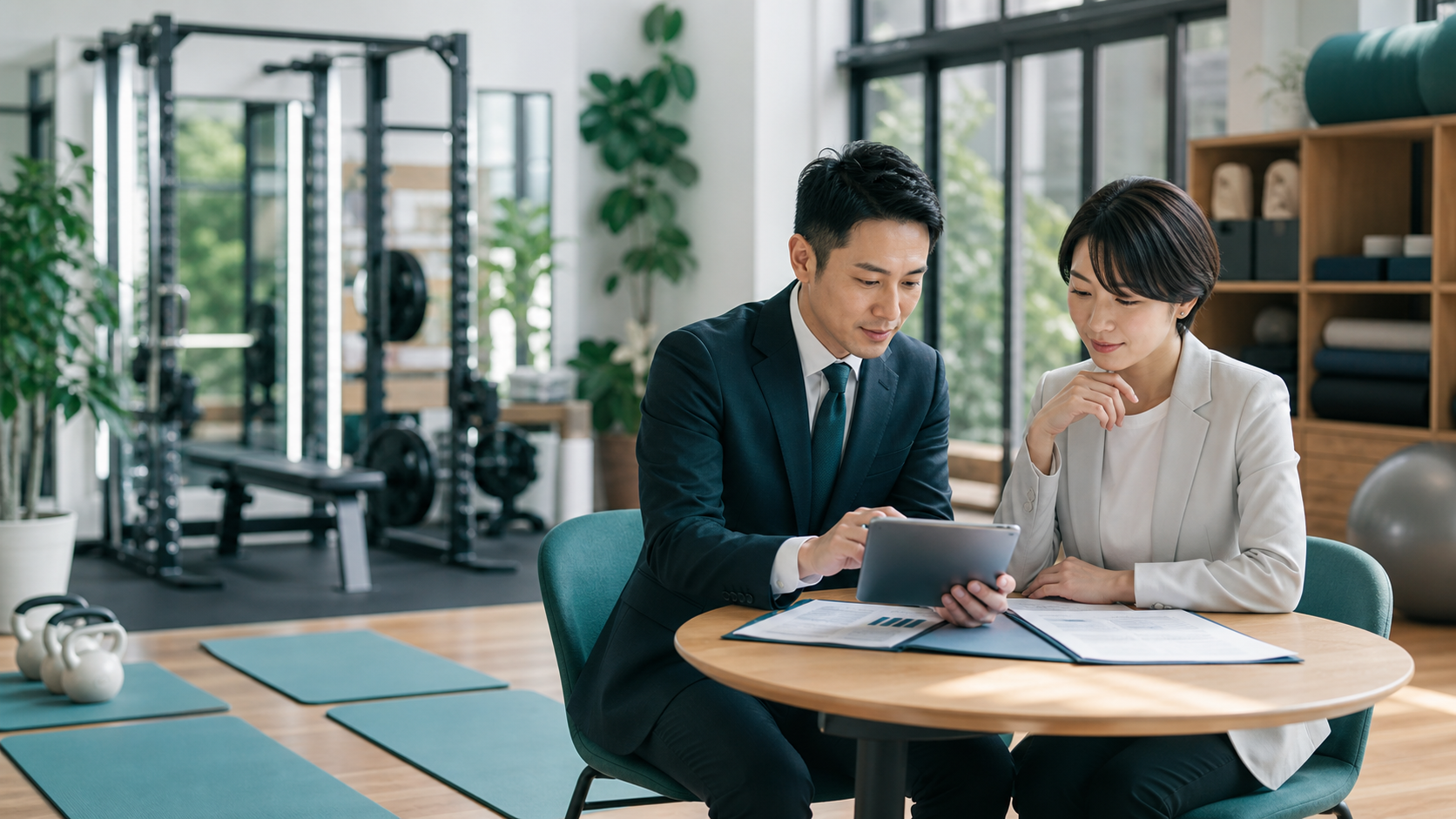 明るいフィットネススタジオで事業承継について相談する様子