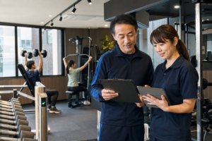 24時間ジムの売却準備を確認する日本人オーナーと運営責任者