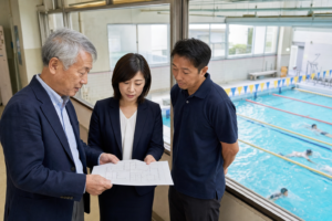 コパンによる福井スイミングスクール事業譲受を想起させる地域プールで旧経営者と承継側とコーチが施設図面を確認する様子
