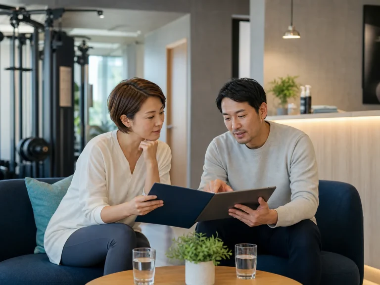 フィットネス施設のオーナーとM&Aアドバイザーが匿名相談する様子