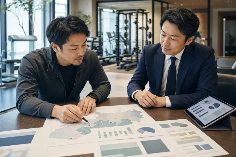 店舗展開図と数値資料を確認するフィットネス事業オーナーとM&Aアドバイザー