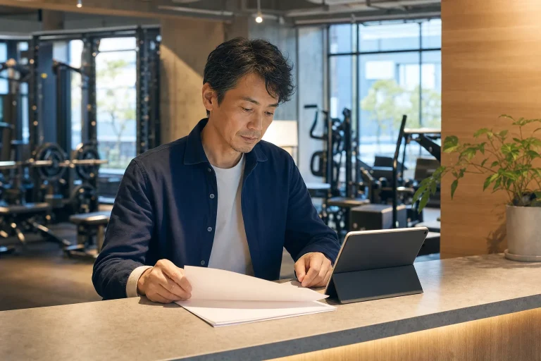 ジムの受付で会員・稼働・契約資料を確認するフィットネス施設オーナー