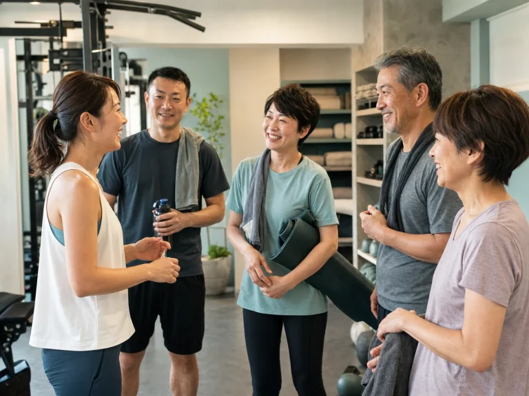 フィットネススタジオでトレーナーと会員が笑顔で交流する様子