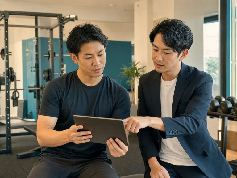 ジムのオーナーとアドバイザーが会員・運営データを確認する様子