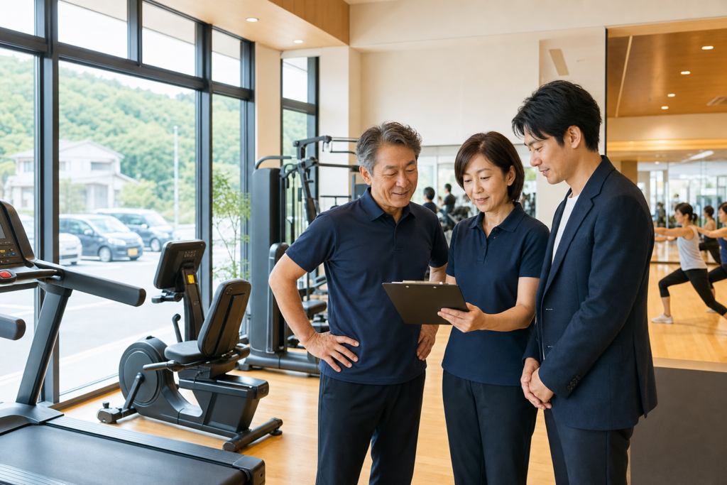 地方ジム売却とフィットネスクラブM&Aの承継計画を施設内で確認する日本人経営者と管理者