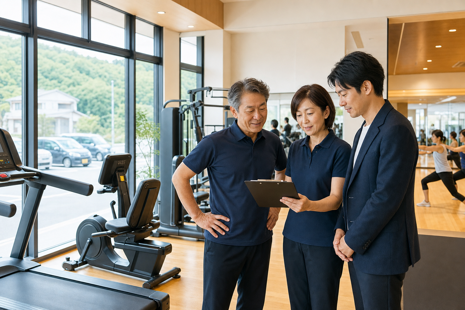 地方ジム売却とフィットネスクラブM&Aの承継計画を施設内で確認する日本人経営者と管理者