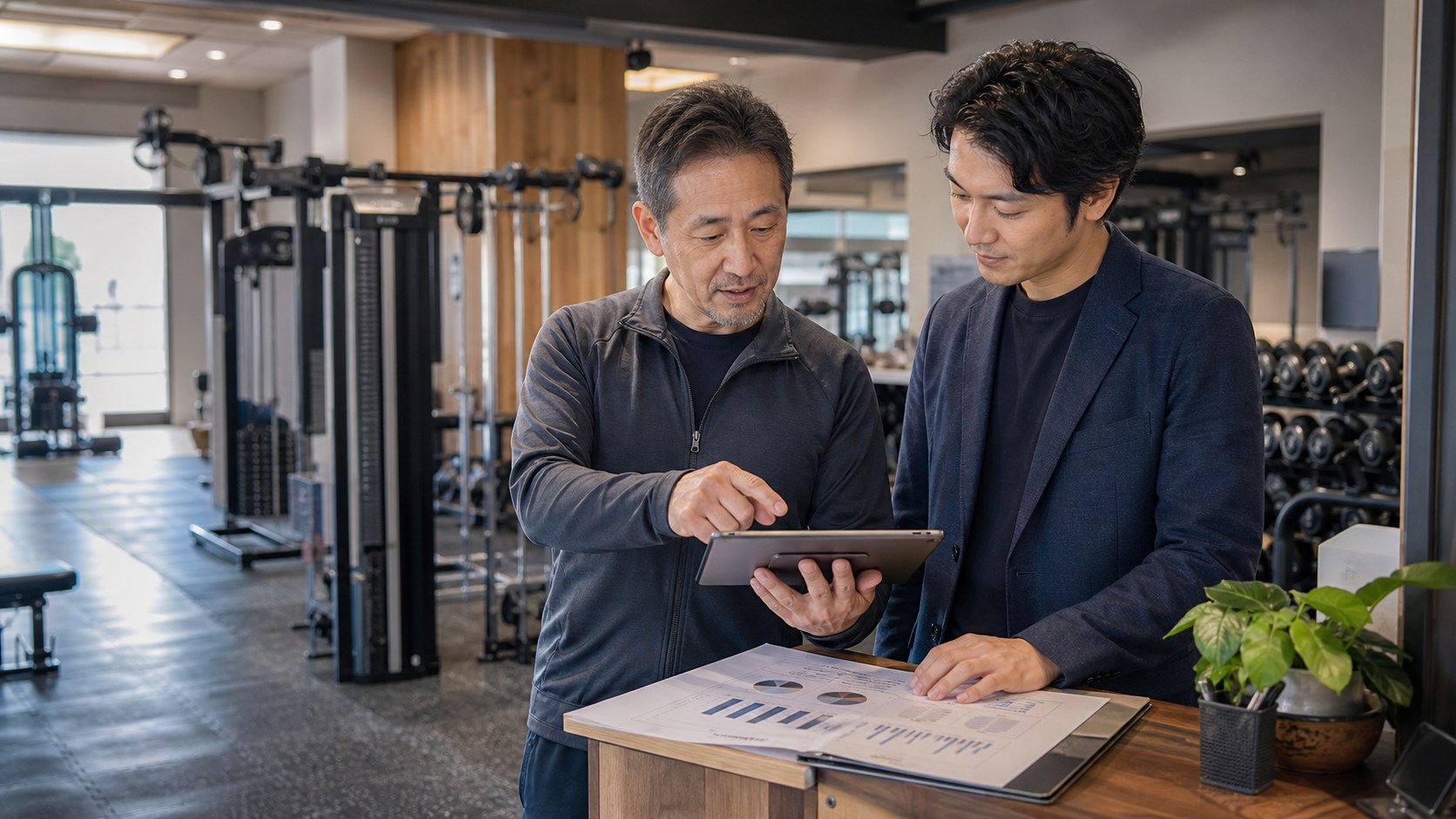 フィットネスジムの運営資料を確認する現経営者と承継候補者