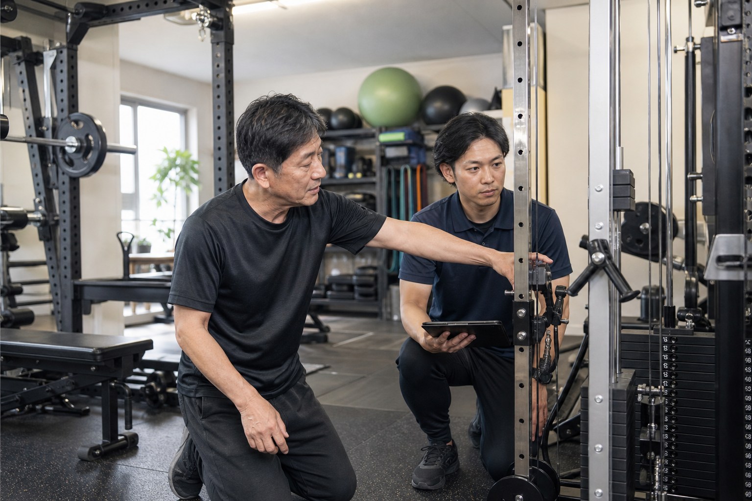 トレーニング機器の安全確認を引き継ぐトレーナーと次世代責任者